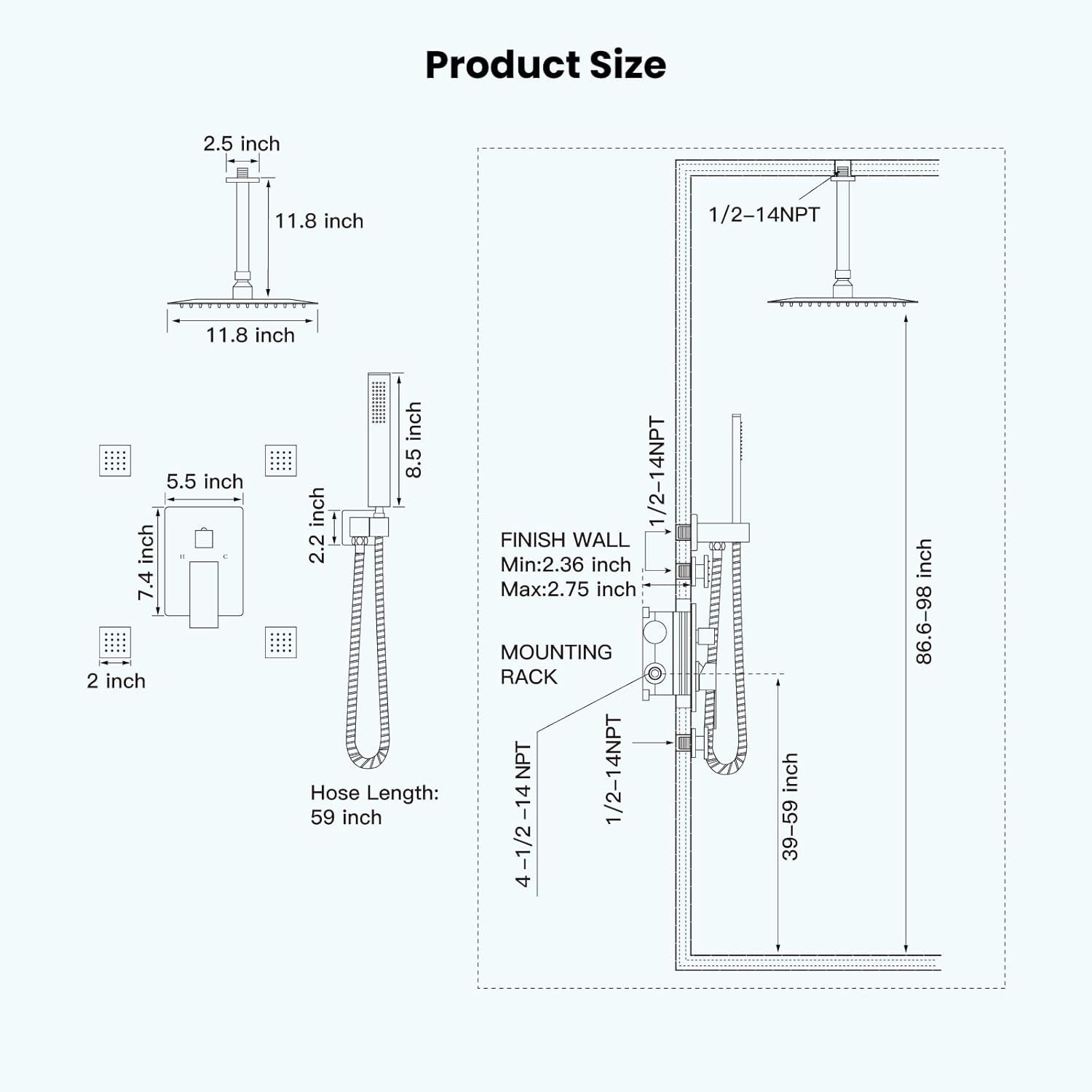 Ceiling Mount Rain Shower Faucet Set with 4 Body Spray Jets Rainfall Shower Head and Handheld Sprayer Multi Shower System Rough-In Valve and Trim Included 12 Inch Shower Head,Matte Black