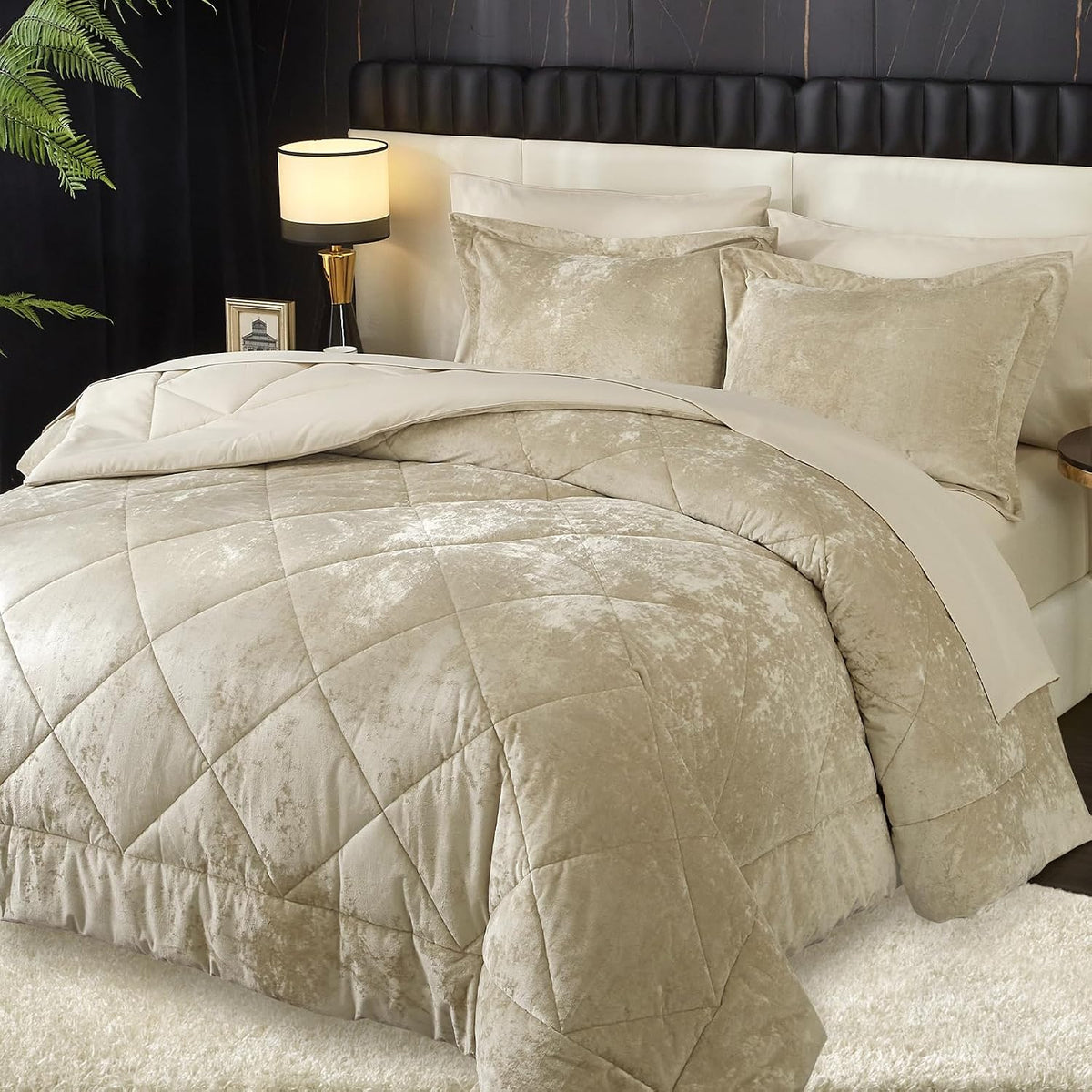 Queen Comforter Set 7 Pieces Bed in a Bag, Beige Velvet Comforter