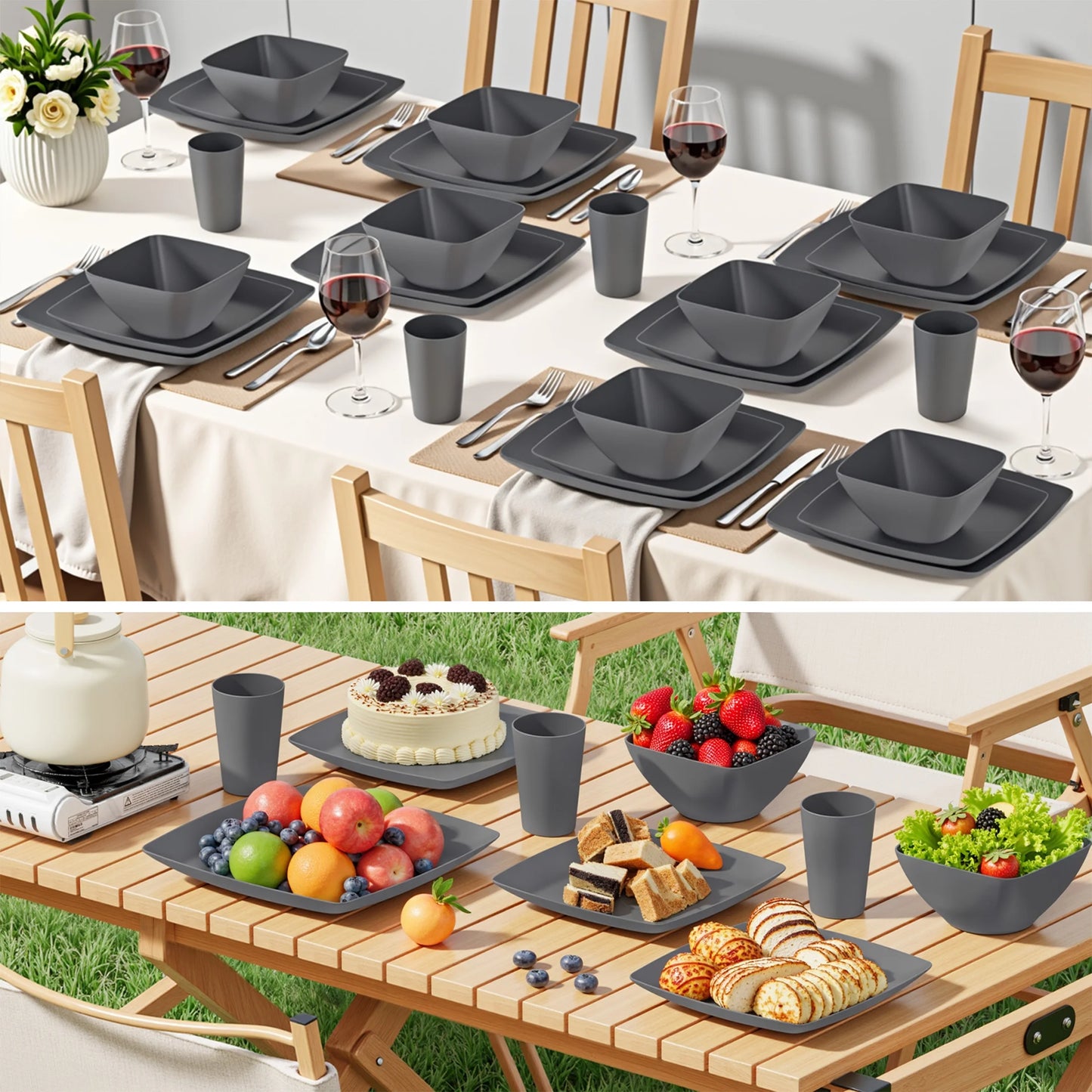 24 Pcs Wheat Straw Square Dinnerware Sets for 4, Unbreakable Dish Sets, Reusable Plates and Bowls Sets, Dinner Plates, Travel Camping Cutlery Set, Dishwasher Microwave Safe, Gray