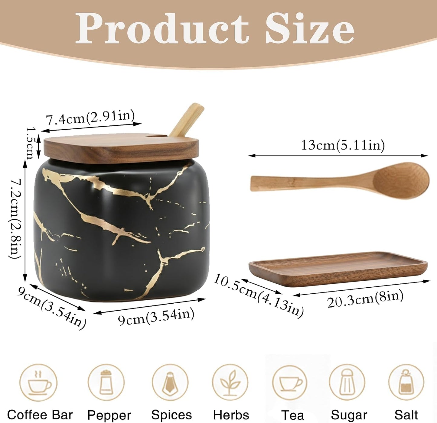 Sets of 2 Marble Ceramic Seasoning Jars Ceramic Sugar Salt Bowl Condiment Pots with Wooden Lids,Wooden Spoon and Wooden Tray (Black)