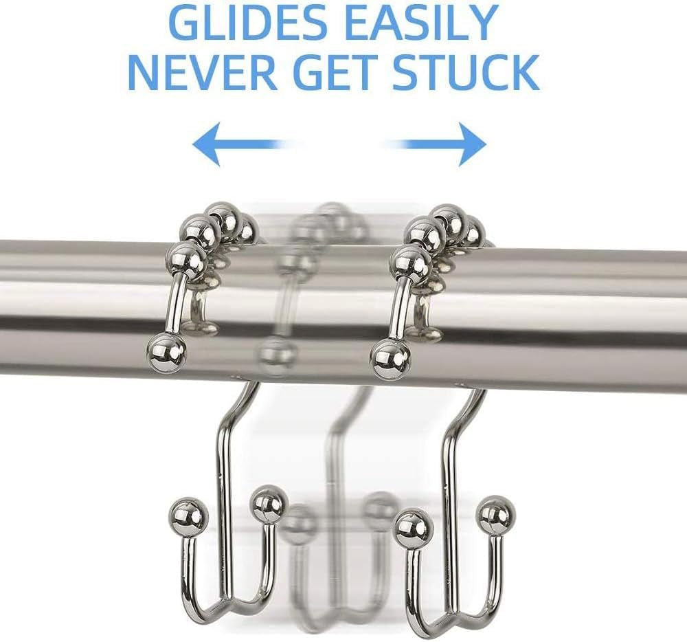 Shower Curtain Hooks, Rust Proof Metal Easy Glide Double Rings, Stainless Steel Hangers for Bathroom Curtains, Set of 12, Brushed Nickel