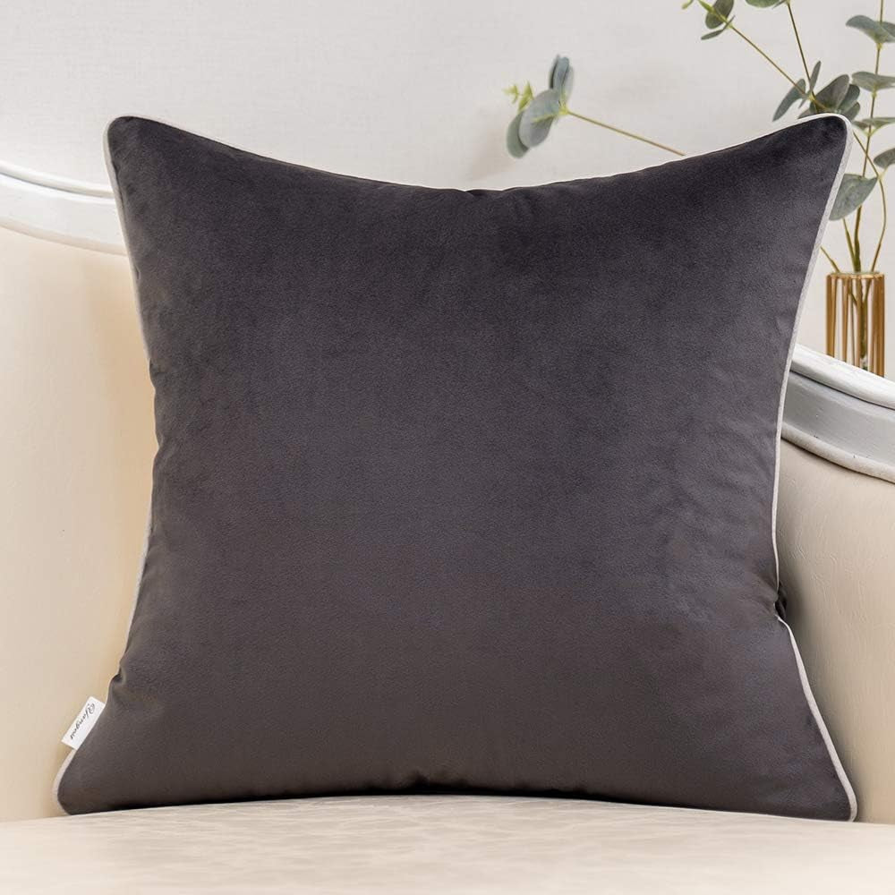Dark Grey Patchwork Velvet Throw Pillow Cover with Gold Striped Leather Cushion Case Modern Luxury Pillowcase for Sofa Couch Bedroom Living Room Home Decor,18"X18"