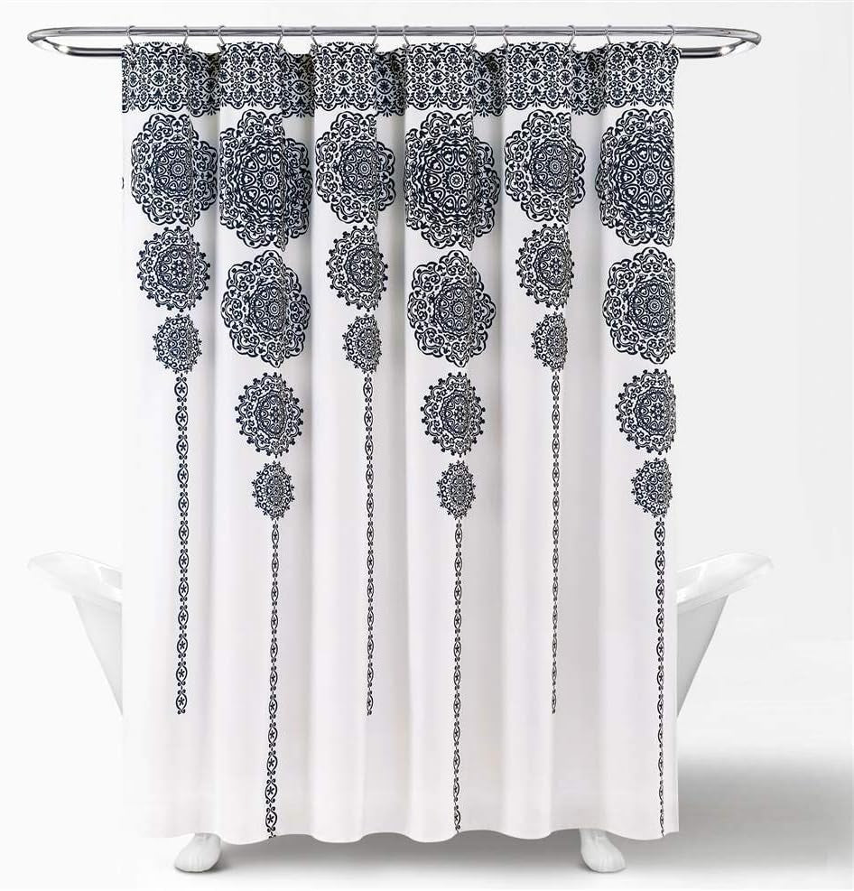 Stripe Medallion Shower Curtain-Fabric Mandala Bohemian Damask Print Design, 72" X 72", Navy