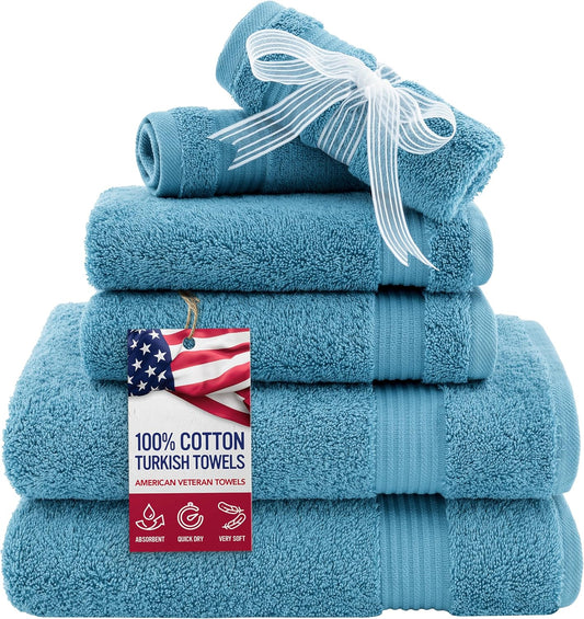 , 6 Piece Towel Set for Bathroom, 100% Cotton Turkish Bathroom Towels, 2 Bath Towels 2 Hand Towels 2 Washcloths, Sky Blue