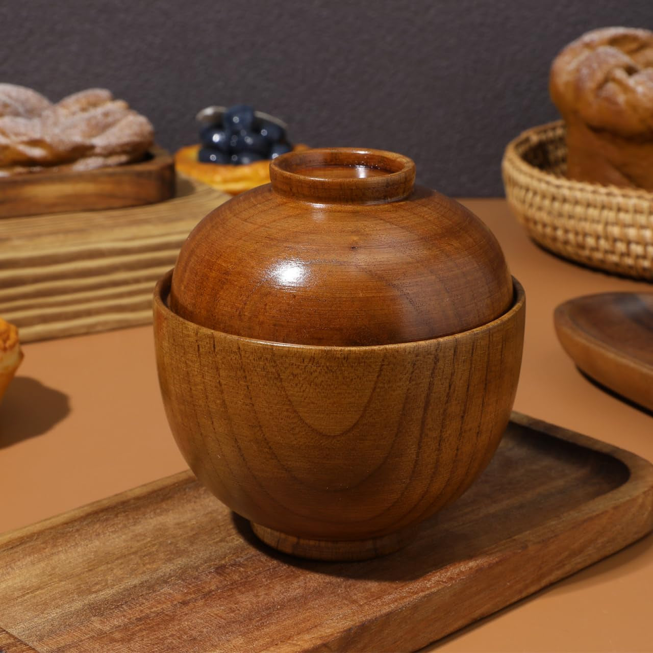 Japanese Style Wooden Rice Bowls with Lids Set of 2 3.93In Small Soup Serving Bowls for Salad Miso Soup and Snacks Lightweight Tableware for Home and Restaurant Use