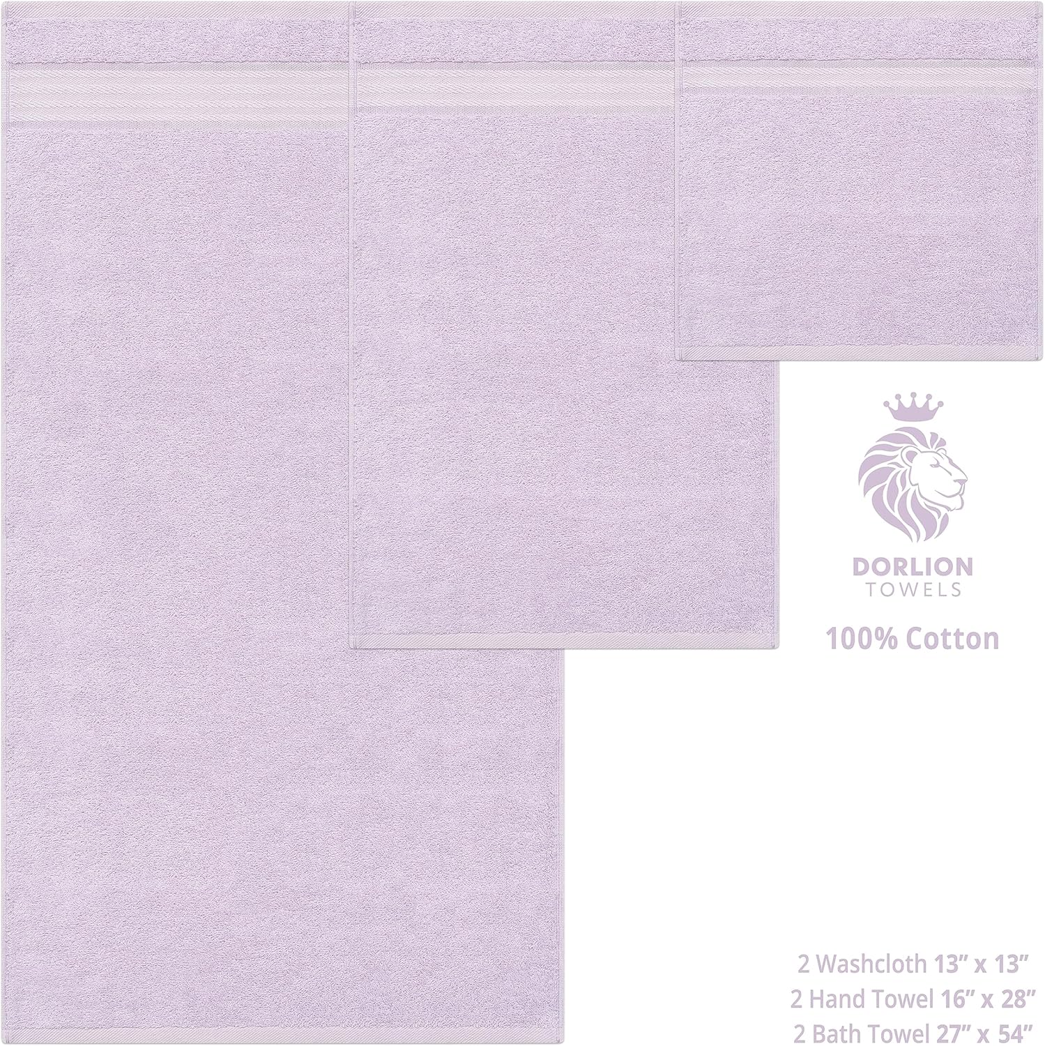 6 Piece 100% Turkish Cotton Towel Set, 2 Bath Towels 2 Hand Towels 2 Washcloths, Soft Absorbent Towels for Bathroom and Kitchen, Lilac Set