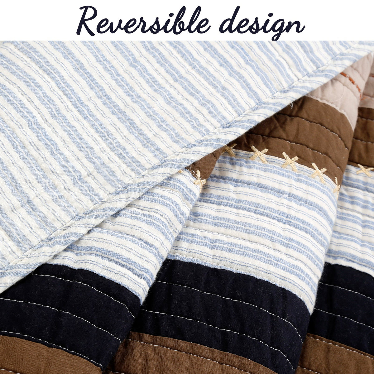 Nathan Stripe Blue Brown Patchwork Reversible Quilt Bedding Set