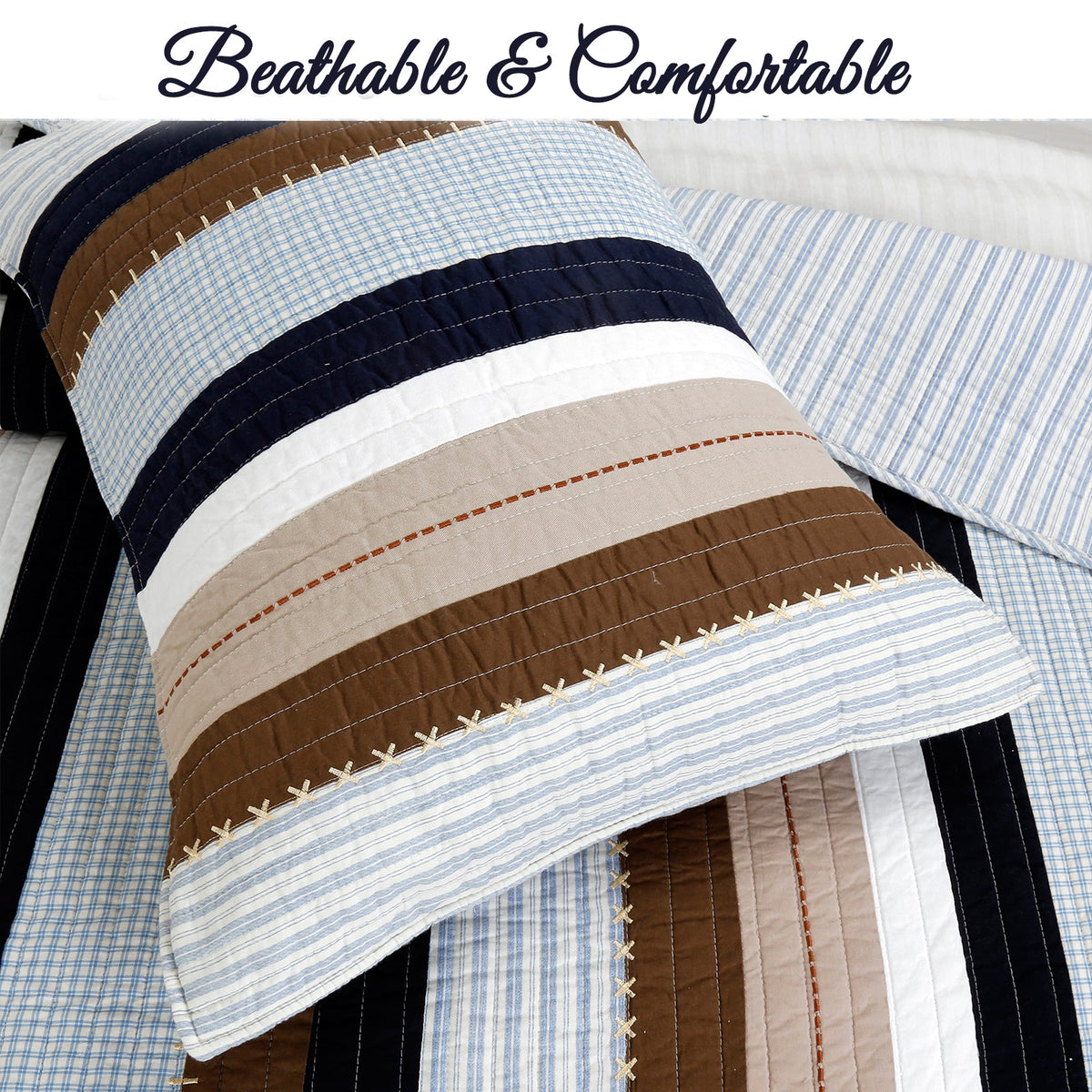 Nathan Stripe Blue Brown Patchwork Reversible Quilt Bedding Set