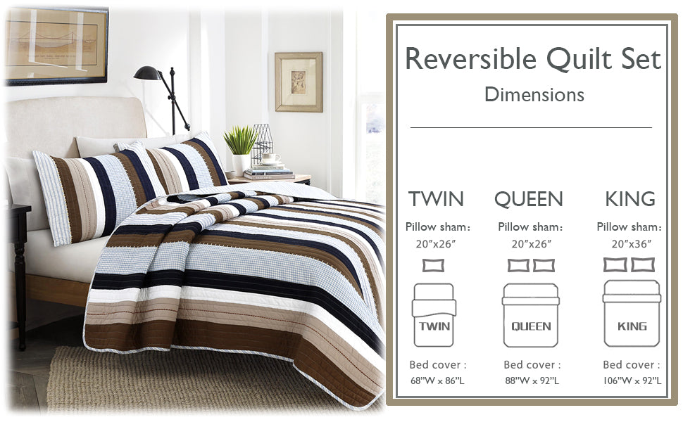 Nathan Stripe Blue Brown Patchwork Reversible Quilt Bedding Set