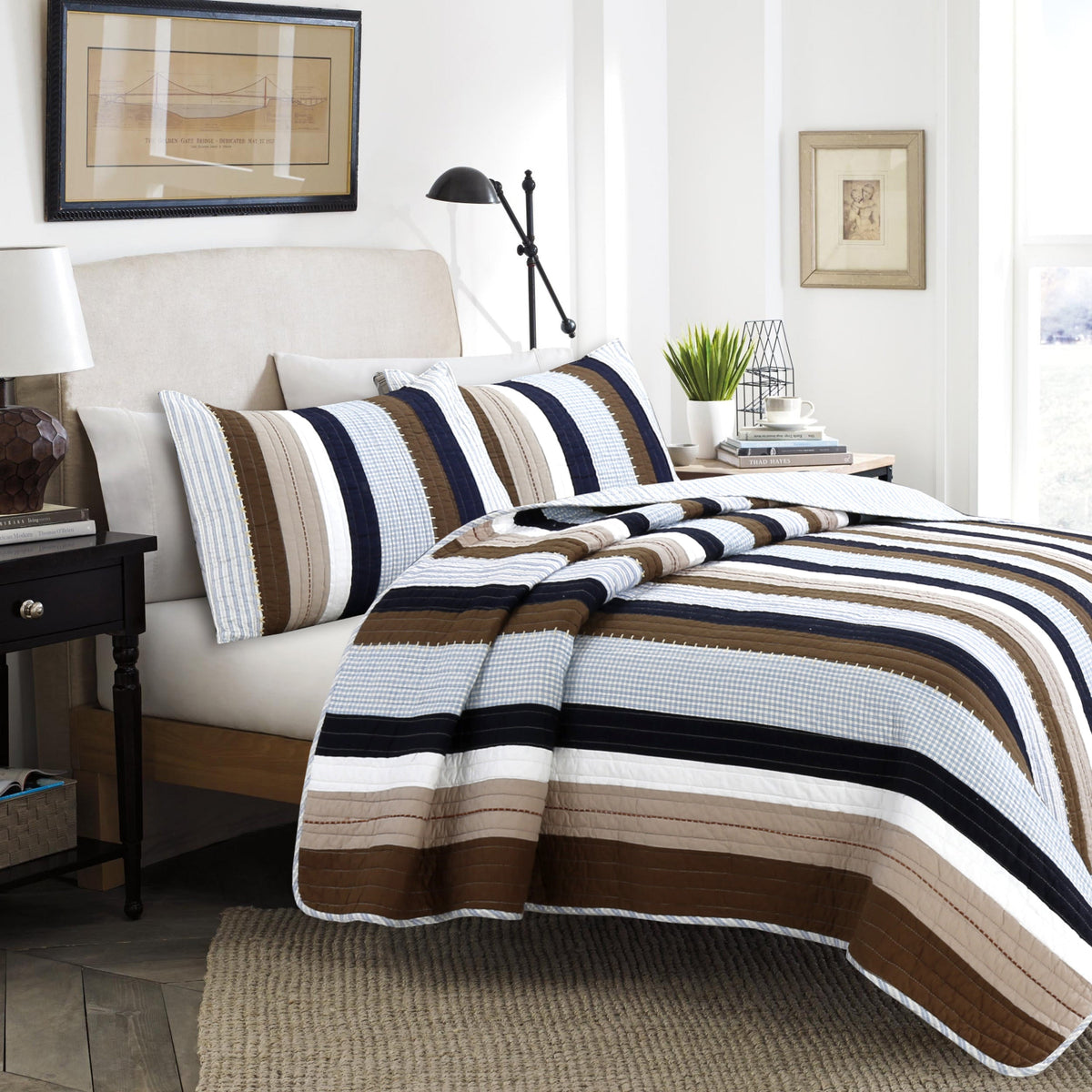 Nathan Stripe Blue Brown Patchwork Reversible Quilt Bedding Set