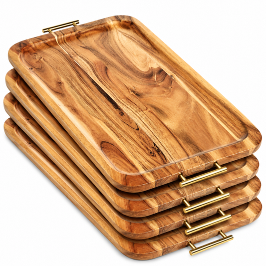 (4 Pack)  Acacia Wood Rectangular Serving Tray with Gold Color Handles, 22.5 in X 13 in X 1 In
