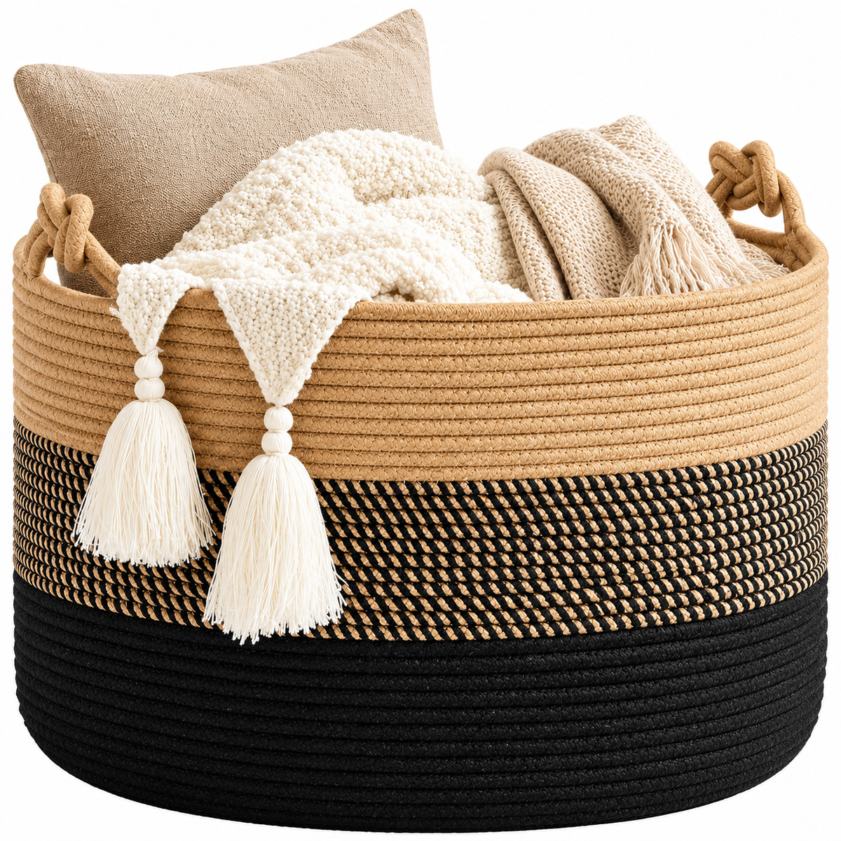 Large Woven Rope Storage Basket- (Jute/Black)