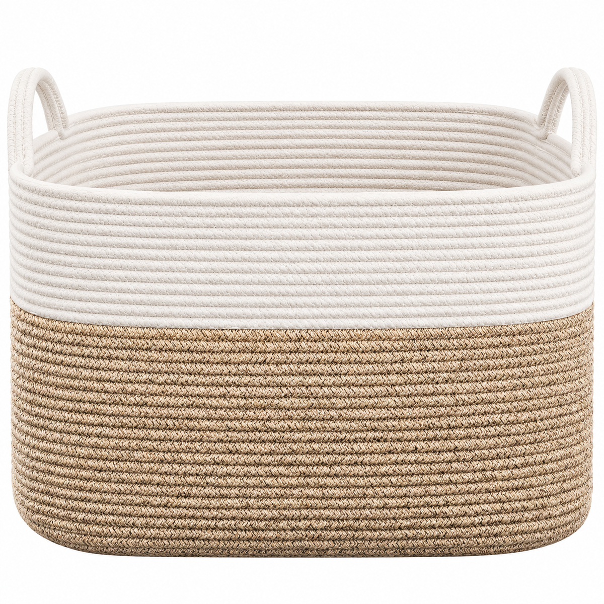 Large Rectangle Woven Rope Blanket Basket, Rectangle-White & Light Brown