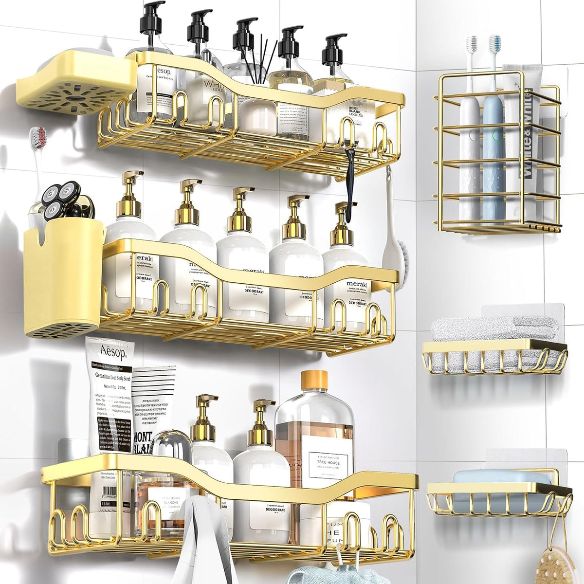 Shower Caddy Adhesive Shower Organizer 8-Pack, Rustproof Stainless Steel Bathroom Shelves, Large Capacity No-Drill Rack Storage Accessories with Soap Dish Toothbrush Holder Hooks