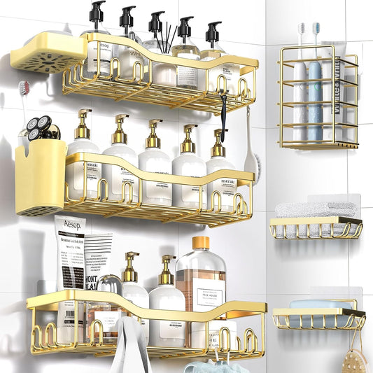 Shower Caddy Adhesive Shower Organizer 8-Pack, Rustproof Stainless Steel Bathroom Shelves, Large Capacity No-Drill Rack Storage Accessories with Soap Dish Toothbrush Holder Hooks