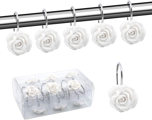 Shower Curtain Hooks, Home Decorative Rustproof Shower Curtain Hooks Resin Rose Flower Shower Hooks Rings for Bathroom Shower Rods Curtains,Set of 12 Hooks (White)