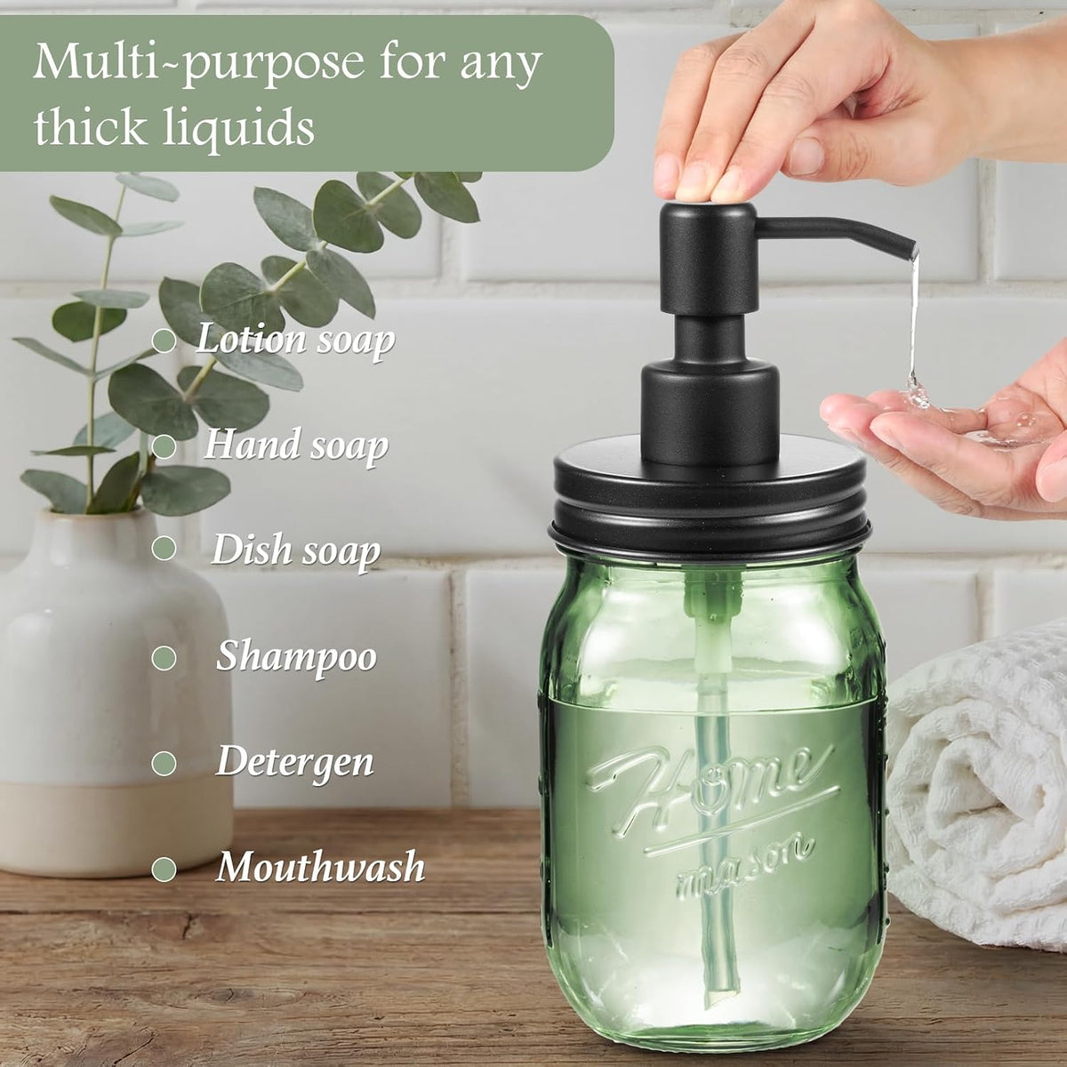4PCS Bathroom Accessories Set, Green Glass Organizer Sets, Black | Lotion Soap Dispenser, Toothbrush Holder, 2 Qtip Holders, Rustic Farmhouse Decor for Countertop, Vanity, Bathroom Essentials