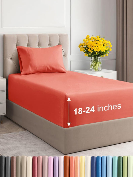 Extra Deep Pocket Twin Sheets - 3 Piece Breathable & Cooling Bed Sheets - Hotel Luxury Bed Sheet Set - Soft, Wrinkle Free & Comfy - Easily Fits Extra Deep Mattresses - Deep Pocket Coral Sheets Set