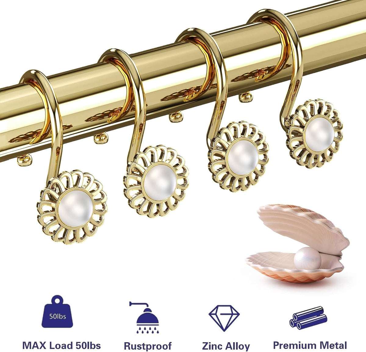 Gold Shower Curtain Hooks Rings, Decorative Shower Curtain Hangers, Heavy Duty Metal Shower Rings, Sunflower Shower Hooks for Shower Curtain Rod and Liner, Bathroom Curtain Hooks, Luxury Gold,