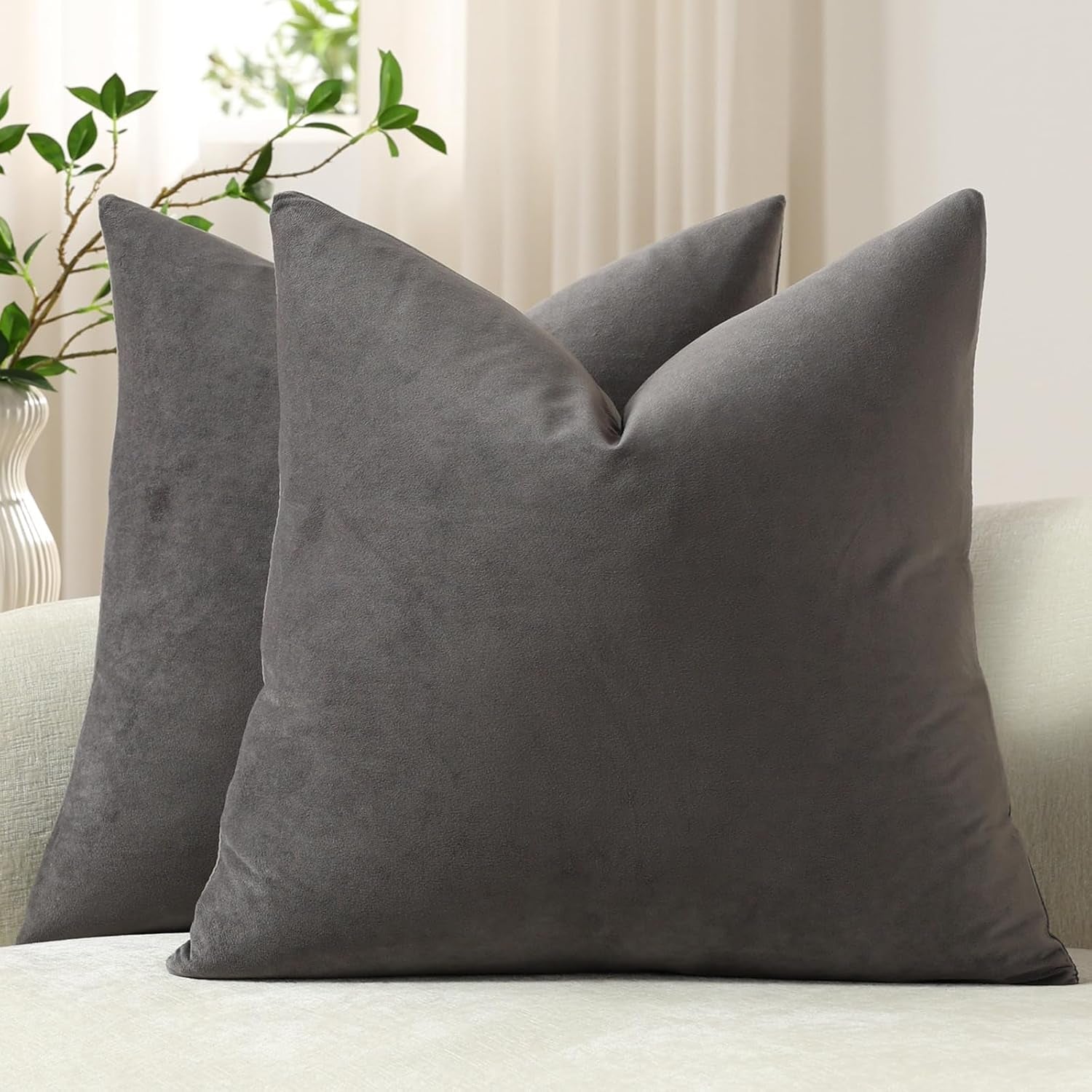 Throw Pillow Covers 16X16 Dark-Grey: 2 Pack Cozy Soft Velvet Square Decorative Pillow Cases for Farmhouse Home Decor
