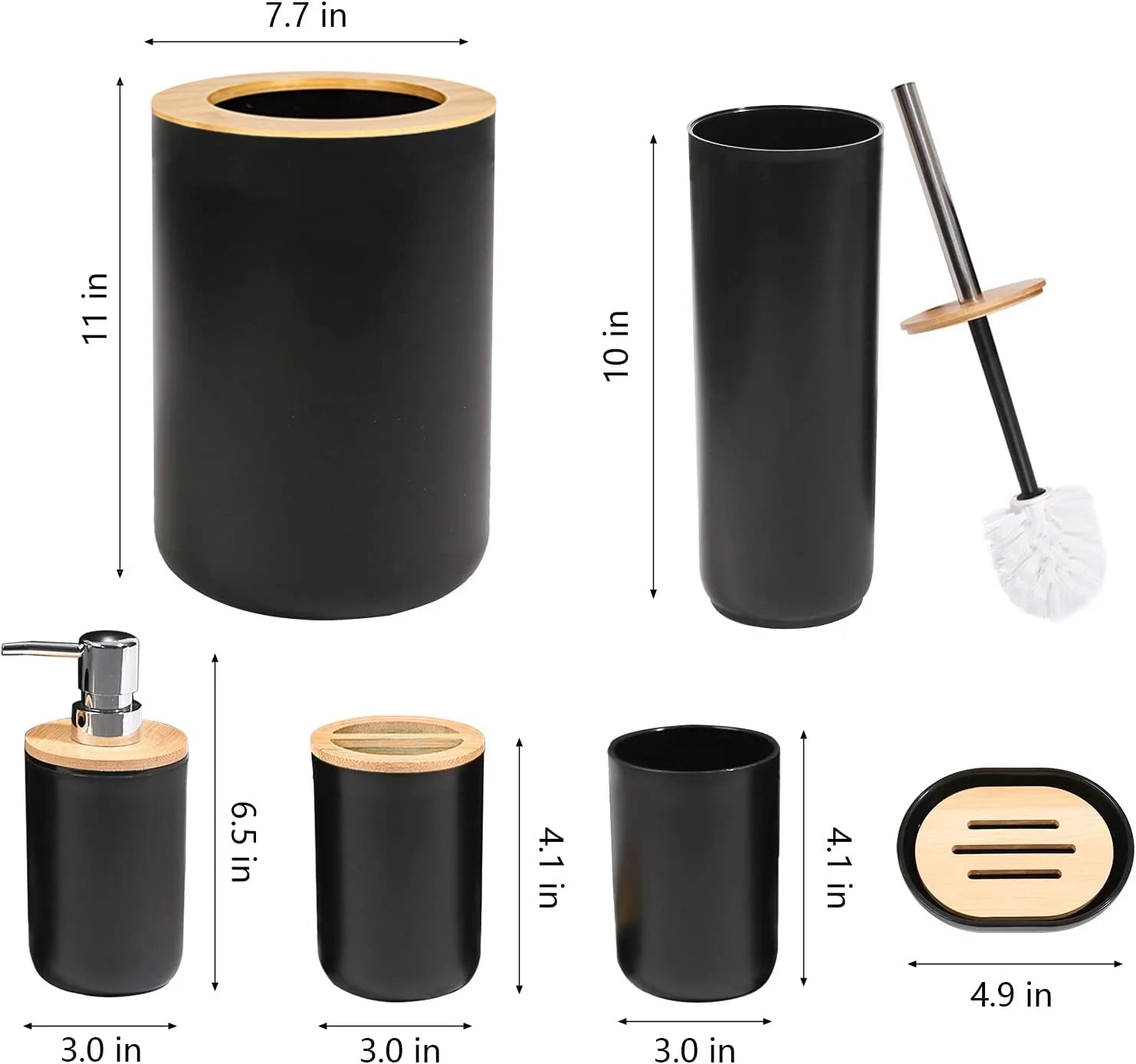 Bathroom Soap Toothbrush Holder Dish Set, Elegant 6-Piece Bamboo & Plastic Accessories, Black