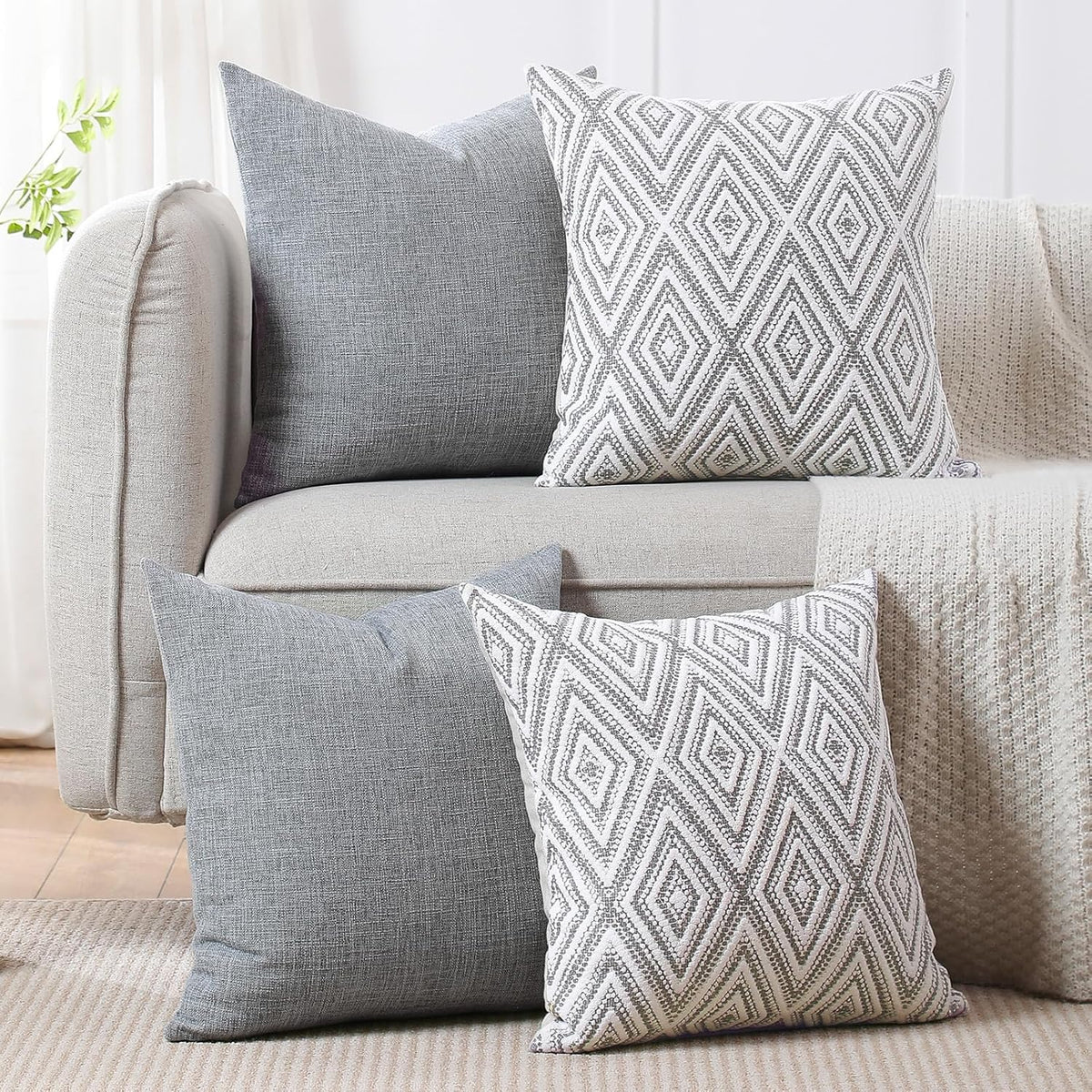 Throw Pillow Covers 18X18, Set of 4, Grey Textured Couch Pillow Covers | Polyester Fabric, Patterned and Solid Designs, Hidden Zippers, Machine Washable, for Sofas and Beds, Inserts Not Included