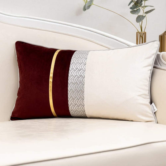Wine Red Patchwork Velvet Lumbar Pillow Cover with Gold Striped Leather Cushion Case Modern Luxury Pillowcase for Sofa Couch Bedroom Living Room Home Decor,12"X20"