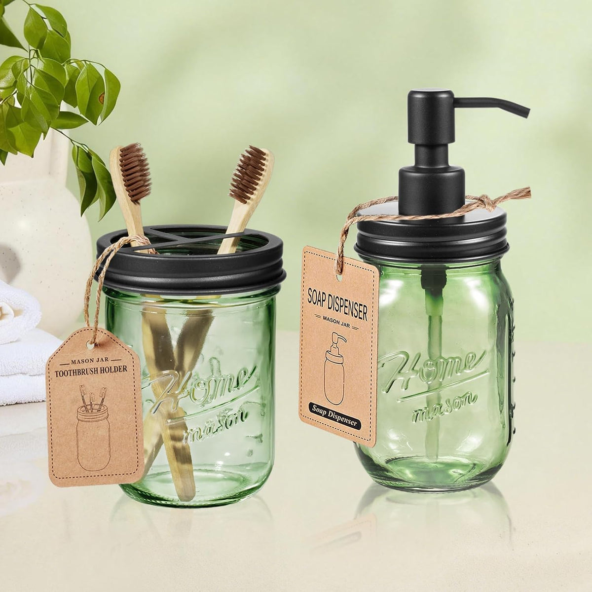 4PCS Bathroom Accessories Set, Green Glass Organizer Sets, Black | Lotion Soap Dispenser, Toothbrush Holder, 2 Qtip Holders, Rustic Farmhouse Decor for Countertop, Vanity, Bathroom Essentials