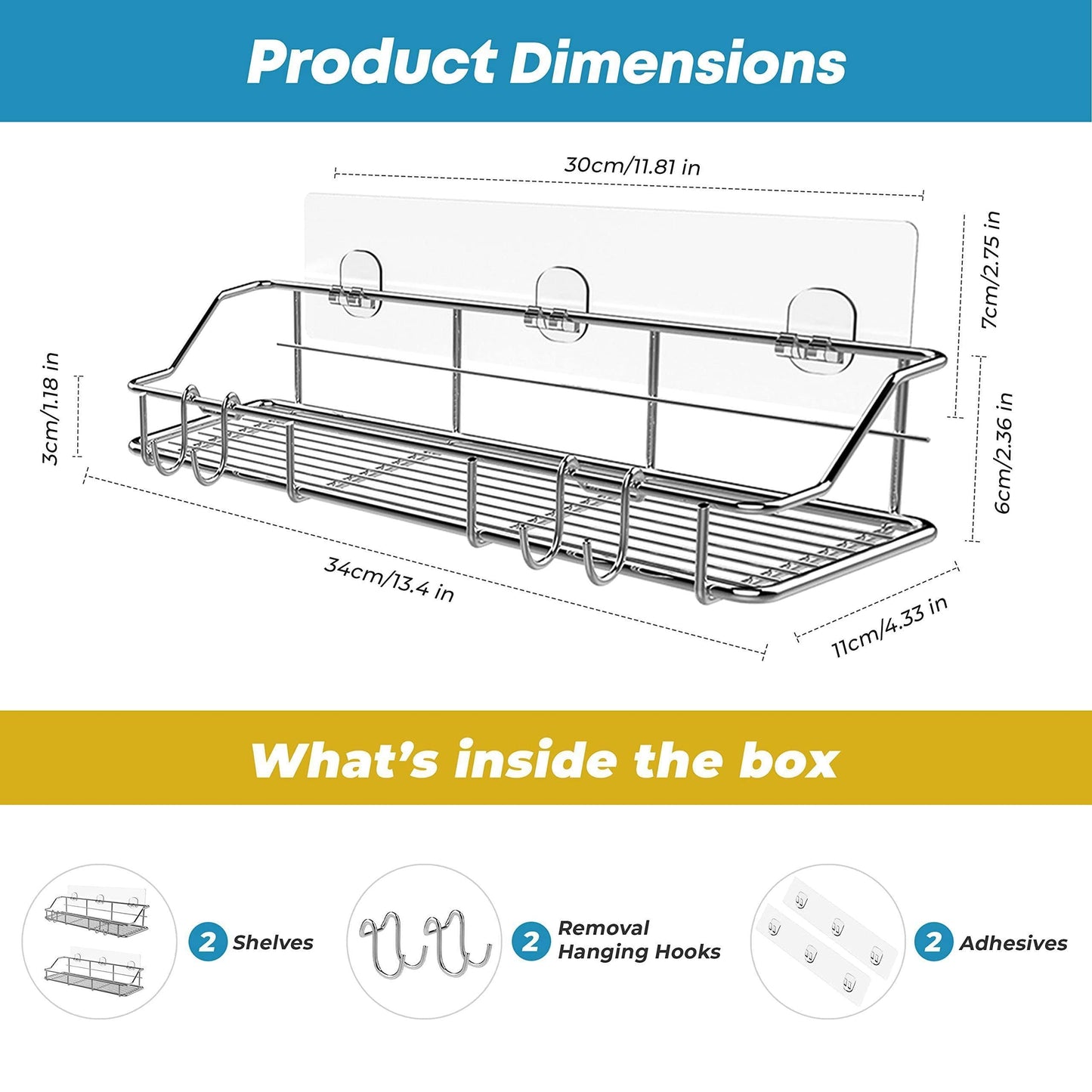 2 Pack Silver Adhesive Shower Caddy Shower Shelf Organizer for Bathroom Organization with Hooks SUS304 Stainless Steel