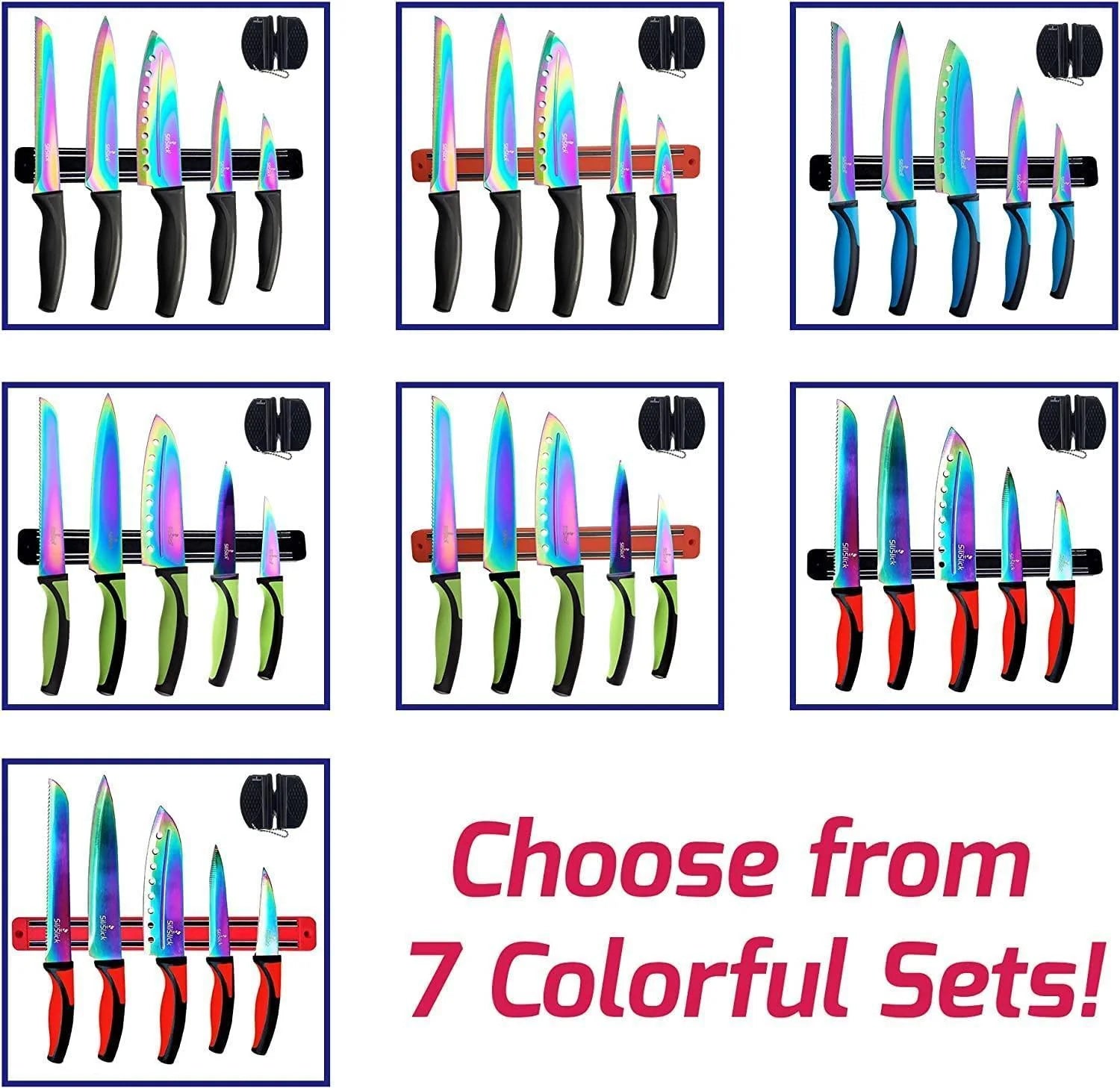 Kitchen Knife Set Kit 5 Dishwasher Safe Colorful Knives with Sharpener Blue