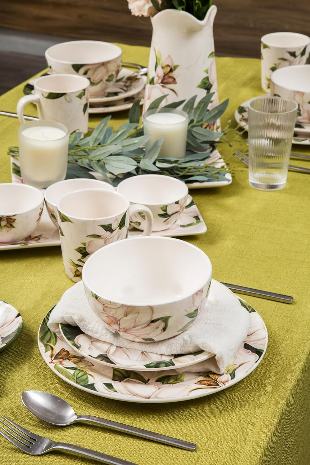Magnolia Floral Salad Plates Set of 4, 8.75 Inch Ceramic Dessert Plates for Salad, Appetizer, Side Dishes, Microwave and Dishwasher Safe, Gift for Housewarming and Thanksgiving