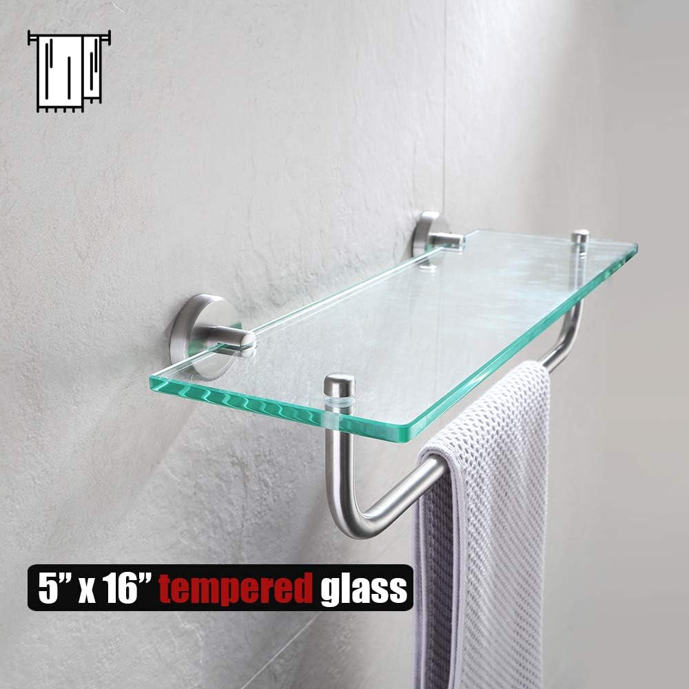 Bathroom Glass Shelf, Shelf with 15 Inch Towel Bar Tempered Glass Shower Storage 16 by 5 Inches, 304 Stainless Steel Brushed Finish Wall Mount, TGS100-BN