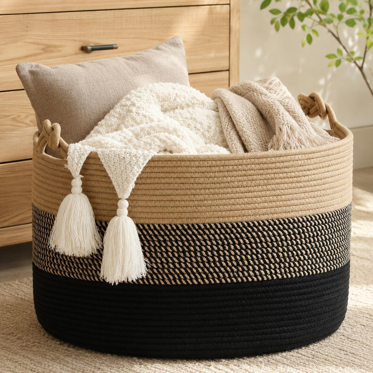 Large Blanket Basket (20"X13"),Woven Rope Baskets for Storage Baby Laundry Hamper, Cotton Rope Blanket Basket for Living Room, Laundry, Nursery, Pillows,Baby Toy Chest (Jute/Black)