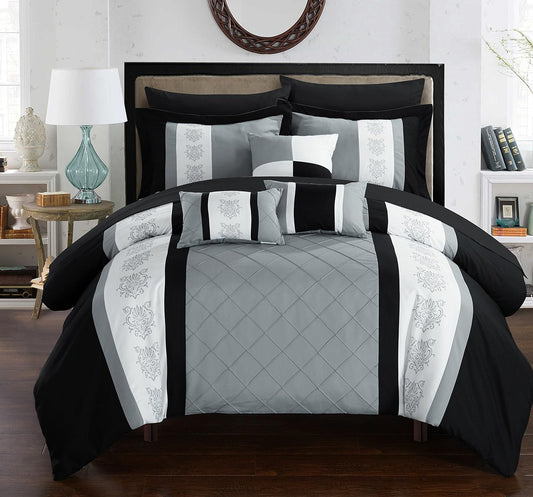 Clayton 10 Piece Comforter Set Pintuck Pieced Block Embroidery Bed in a Bag with Sheet Set, King Black Grey
