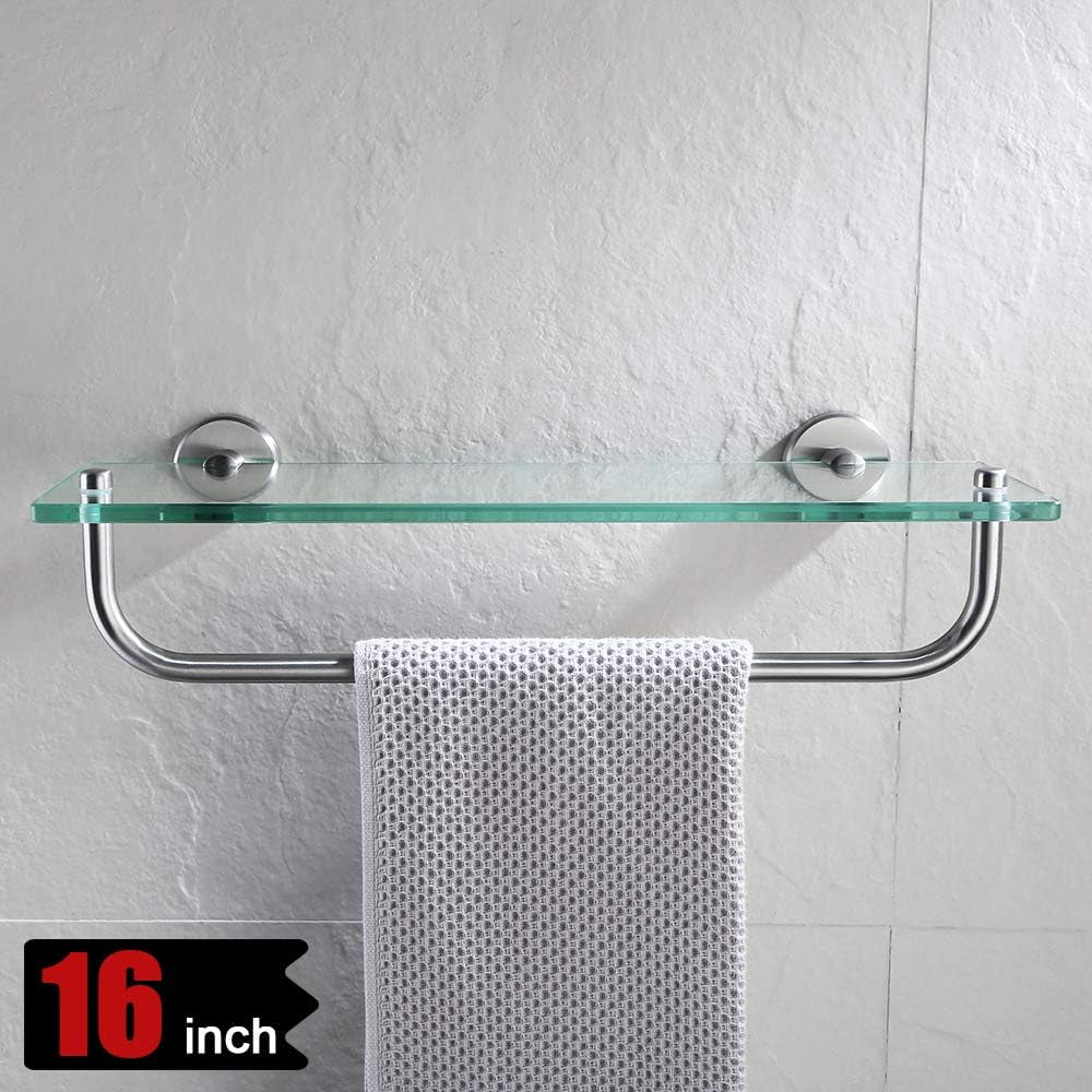 Bathroom Glass Shelf, Shelf with 15 Inch Towel Bar Tempered Glass Shower Storage 16 by 5 Inches, 304 Stainless Steel Brushed Finish Wall Mount, TGS100-BN