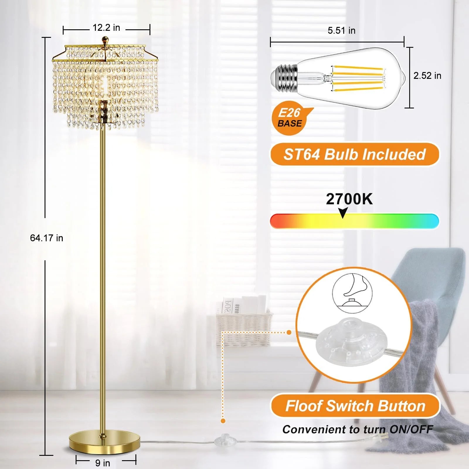 Gold Crystal Floor Lamp , Modern Standing Lamps with Double-Layer Lampshade, On-Off Foot Switch, for Living Room, Bedroom, Office, 8W Bulb Included
