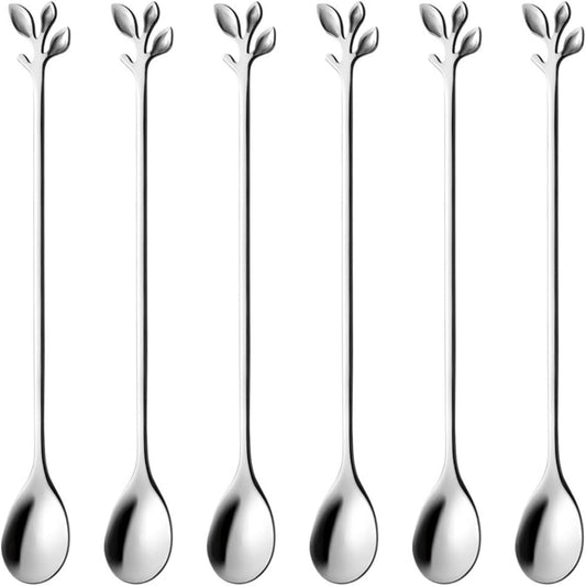 6.5" Elegant Leaf-Design Silver Coffee & Tea Spoons Set of 6-Piece