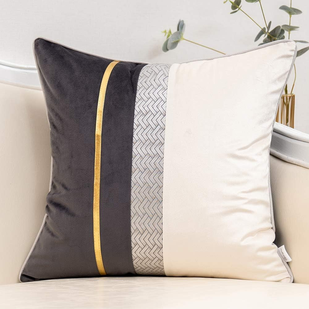 Dark Grey Patchwork Velvet Throw Pillow Cover with Gold Striped Leather Cushion Case Modern Luxury Pillowcase for Sofa Couch Bedroom Living Room Home Decor,18"X18"