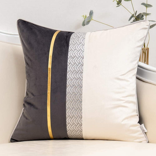 Dark Grey Patchwork Velvet Throw Pillow Cover with Gold Striped Leather Cushion Case Modern Luxury Pillowcase for Sofa Couch Bedroom Living Room Home Decor,18"X18"
