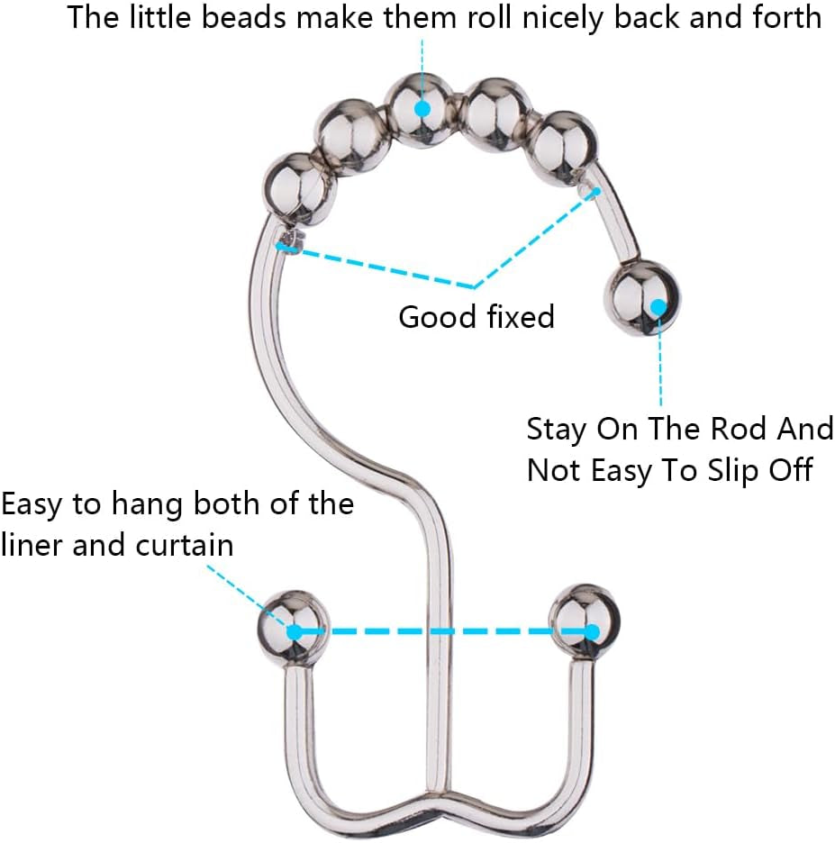 Shower Curtain Hooks, Rust Proof Metal Easy Glide Double Rings, Stainless Steel Hangers for Bathroom Curtains, Set of 12, Brushed Nickel