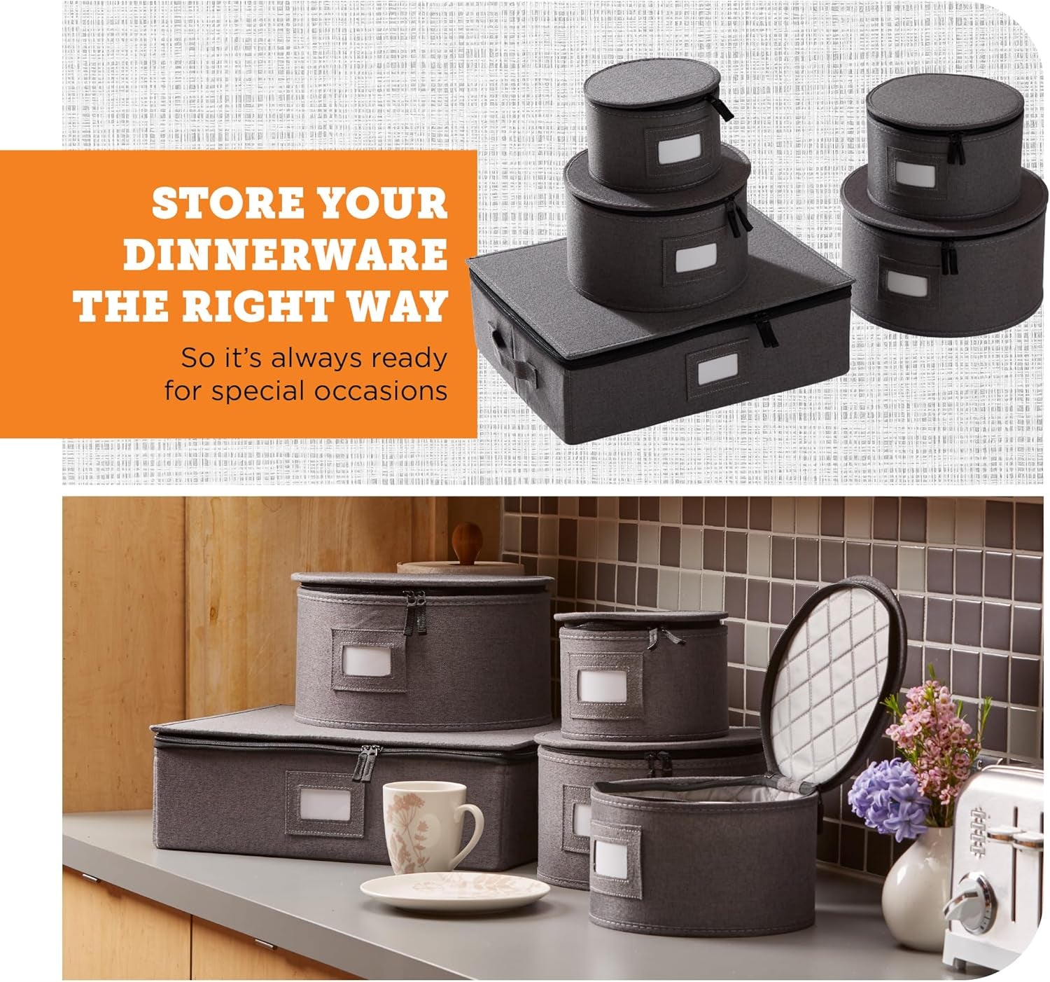 China Storage Containers, Hard Shell Case with Felt Dividers for Charger Plates, and Dishes, Ideal for Kitchen Organization, Moving Supplies, and Fine China Storage - 5-Piece Set, Gray