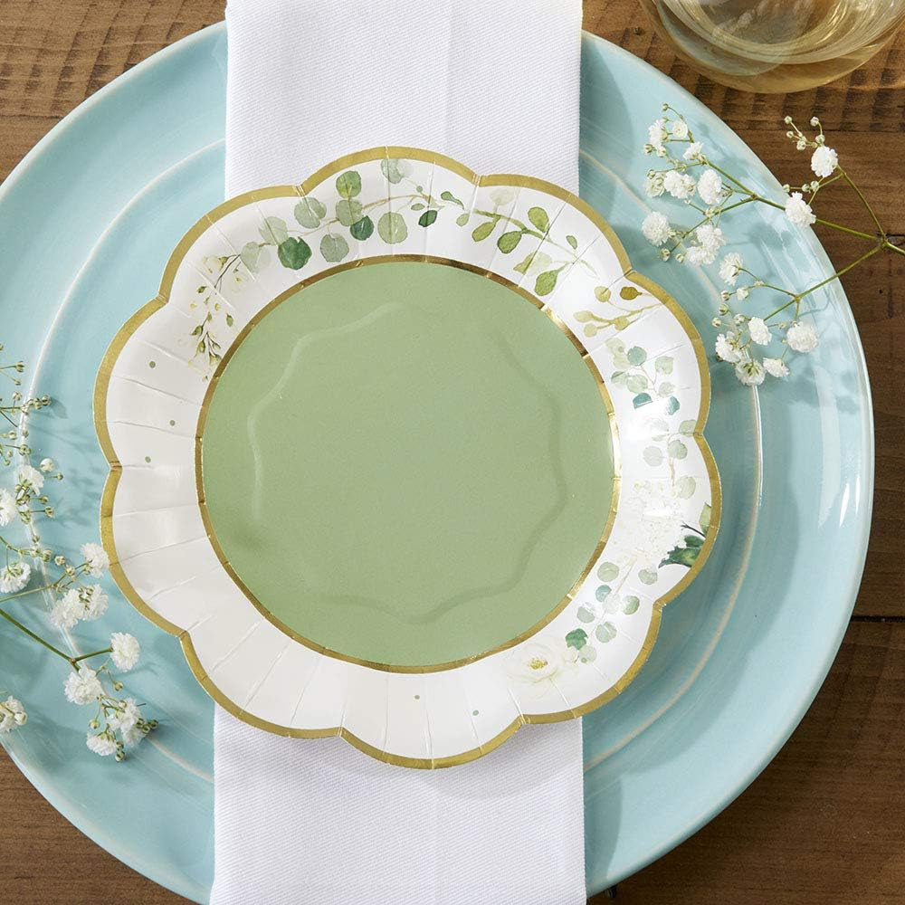 Sage Green Party Decorations, Eucalyptus Floral Print 7 In. Decorative Premium Paper Plates (350 GSM Weight -Set of 16) - Perfect for Greenery Baby Shower & Bridal Showers