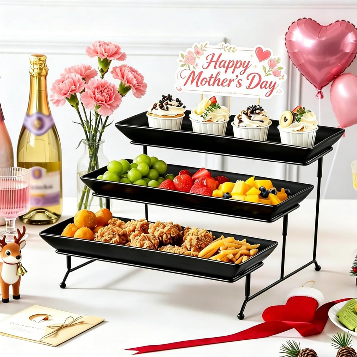 3 Tier Serving Trays for Party, Stoneware Serving Platters and Trays, 14 Inch Tiered Tray Stand, Fruit Tray, Trays for Serving Food, Black Dessert Stand with Collapsible Sturdier Metal Rack