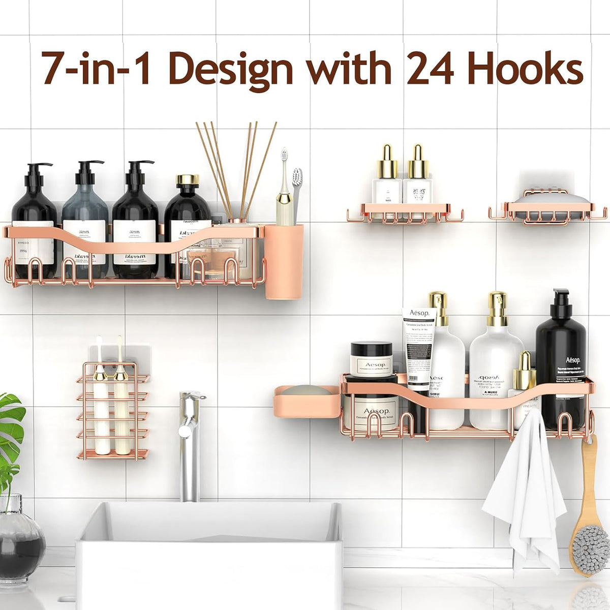 Shower Caddy Adhesive Shower Organizer 7-Pack, Rustproof Stainless Steel Bathroom Shelves, Large Capacity No-Drill Rack Storage Accessories with Soap Dish Toothbrush Holder Hooks