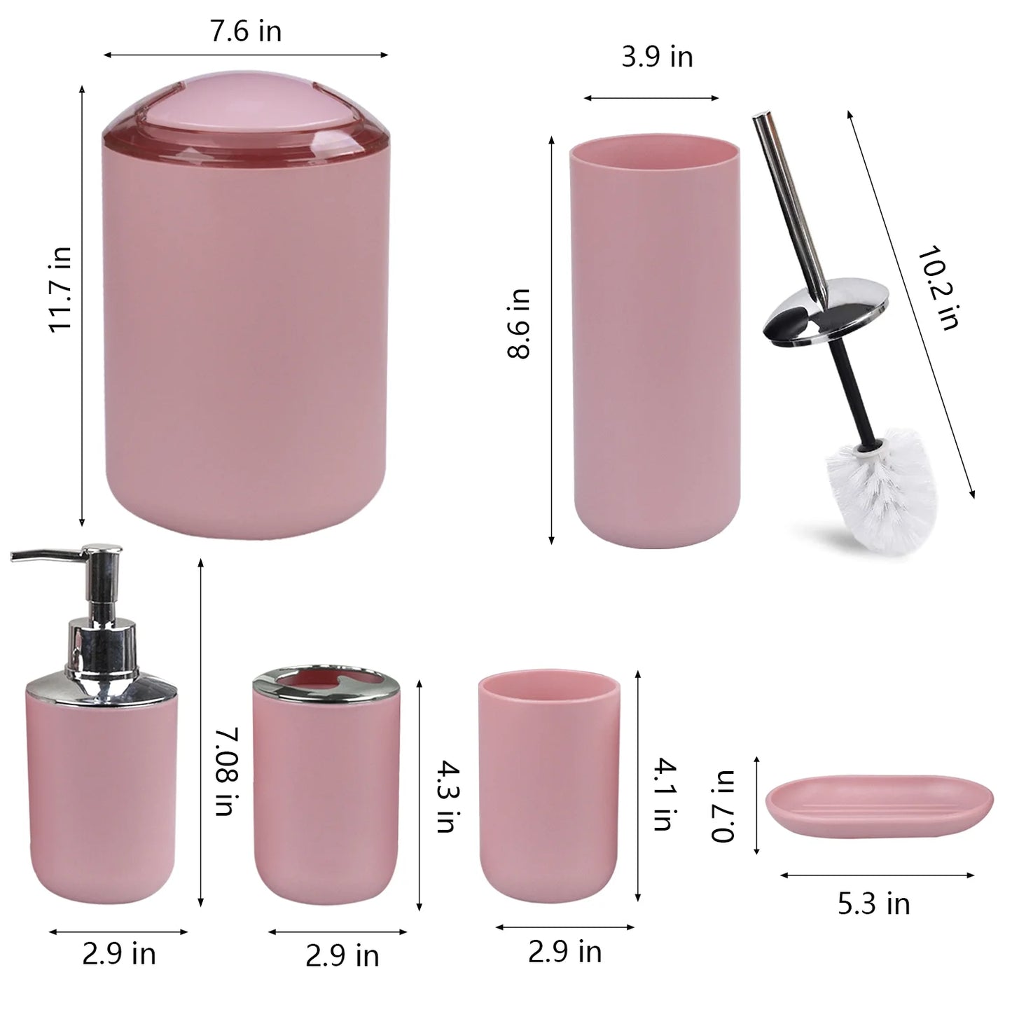 Bathroom Accessories Set 6 Pcs Bathroom Set Ensemble Complete Soap Dispenser Toothbrush Holder Tumbler Soap Dish Toilet Cleaning Brush Trash Can, Pink