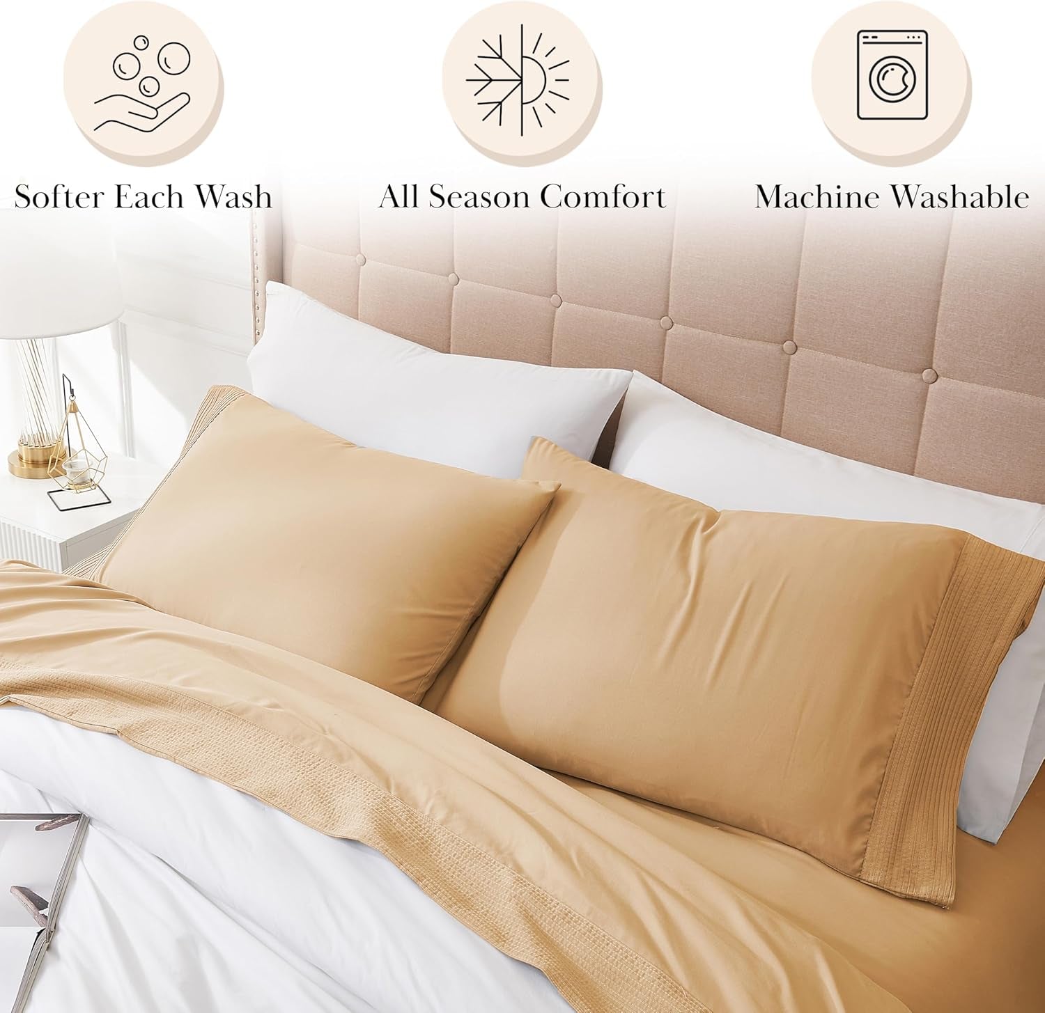 5-Piece Split King Sheet Set, 21-Inch Extra Deep Pocket Split King Adjustable Bed Sheets, with 2 Fitted Sheets, 1 Flat Sheet, and 2 King Pillowcases, Gold Sheets