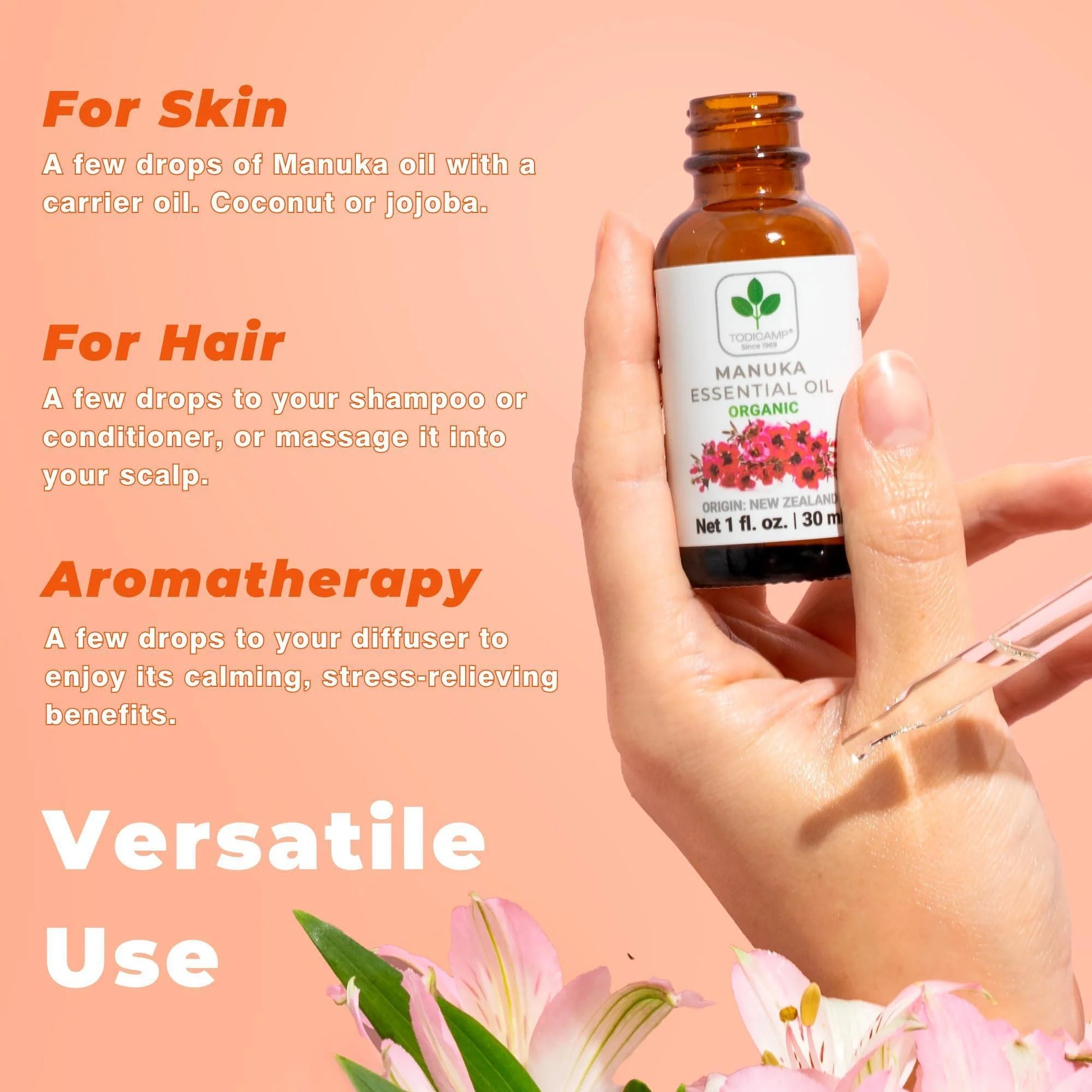 100% Pure Manuka Oil from New Zealand Therapeutic Grade Essential Oil for Wound Care Skin Soothing Nail & Scalp Health Organic Undiluted Cold Pressed Manuka for Face Hair & Body