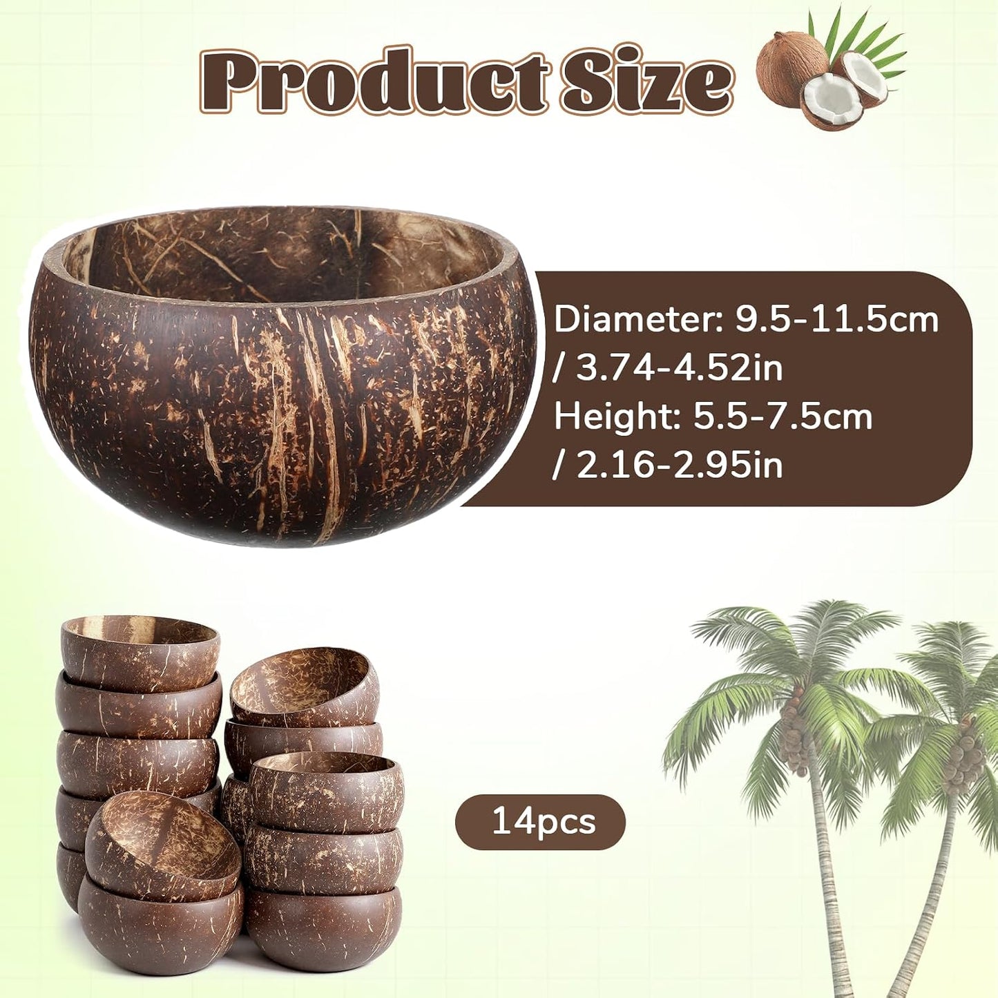 14 PCS Natural Coconut Shell Bowls, Polished Coconut Bowls, Polished Wooden Bowl for Acai Organic Salad Vegan Gifts Rustic Kitchen Decor, Diameter 3.7-4.5 Inch