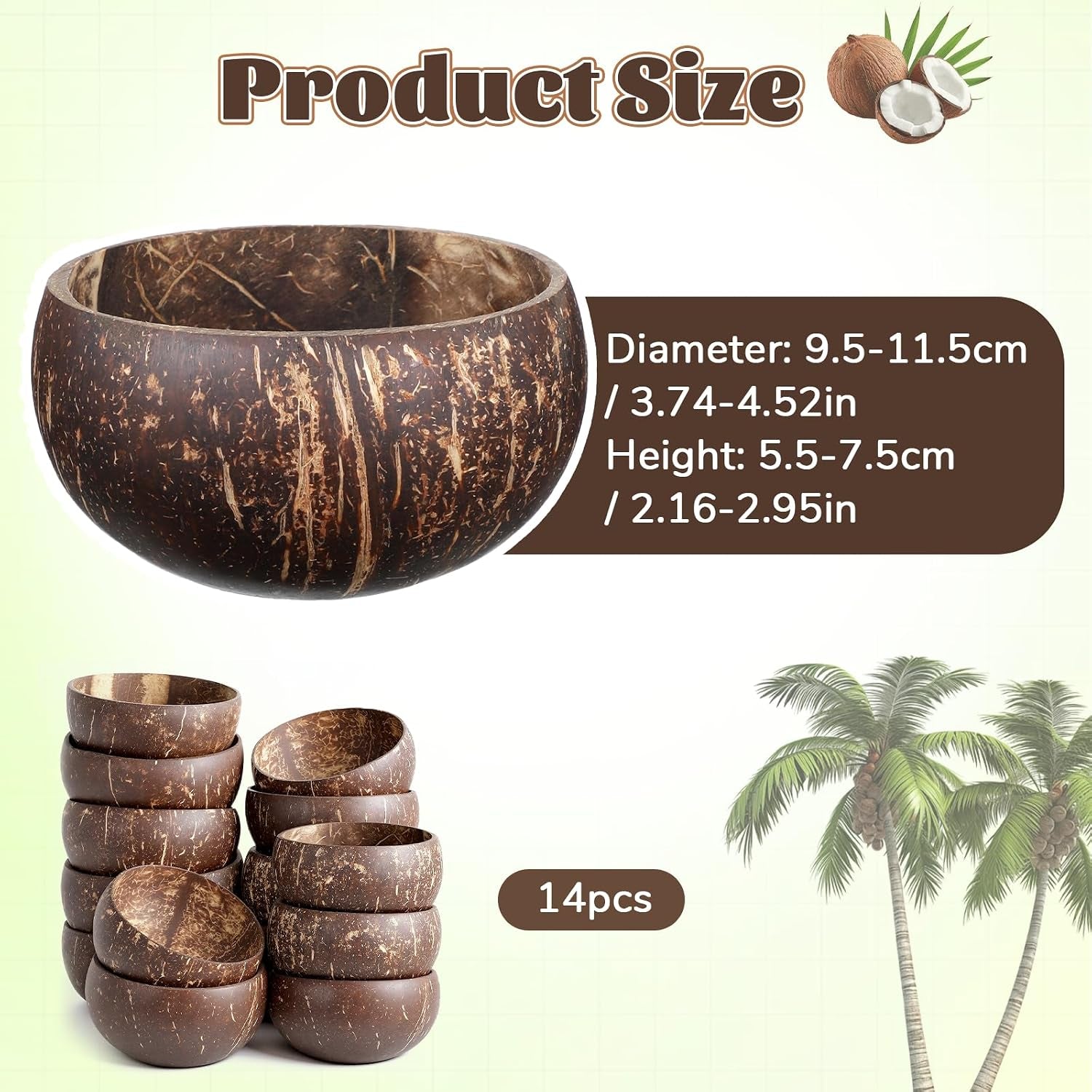 14 PCS Natural Coconut Shell Bowls, Polished Coconut Bowls, Polished Wooden Bowl for Acai Organic Salad Vegan Gifts Rustic Kitchen Decor, Diameter 3.7-4.5 Inch