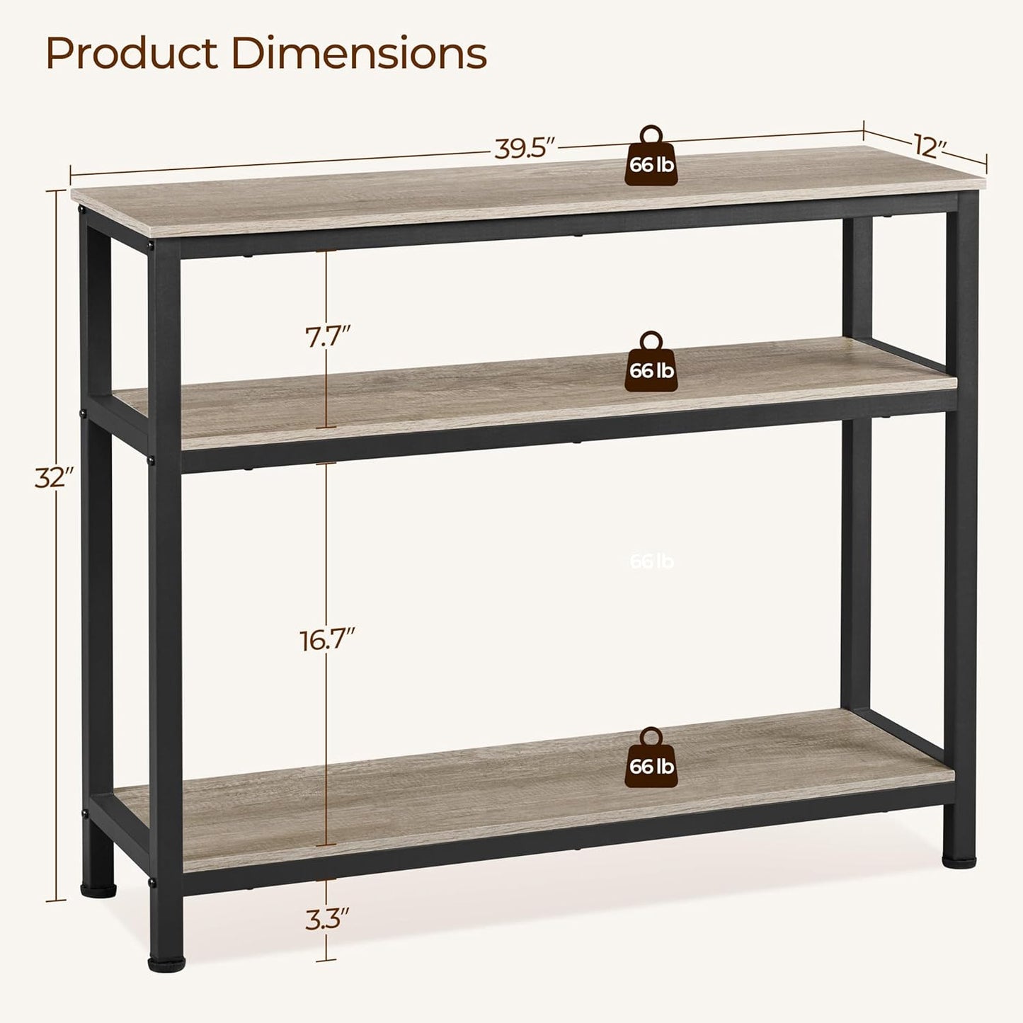 Entryway Table with Storage Shelves, 40 Inch Console Table with Metal Frame, Wood behind Couch Sofa Tables for Entryway, Living Room, Gray